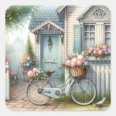 Blue Hütte Bike mit Spring Blume Basket Quadratischer Aufkleber (Vorderseite)