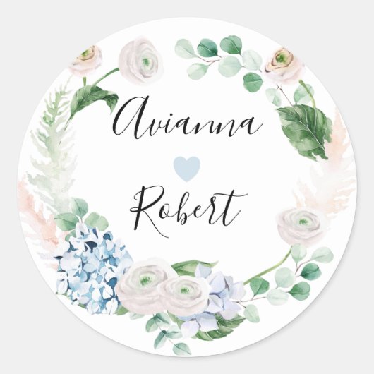 Blue Hydrange Blush Rose Hochzeitsticker Runder Aufkleber (Vorderseite)
