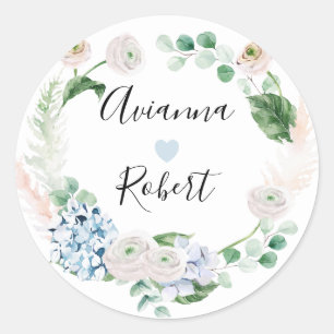 Blue Hydrange Blush Rose Hochzeitsticker Runder Aufkleber