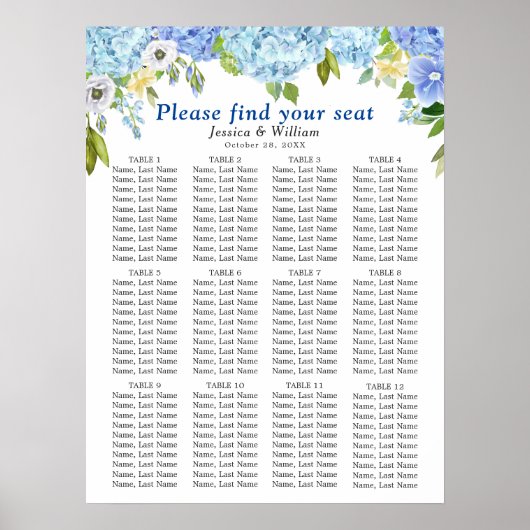Blue Hydrangea 12 Tische Hochzeitszettel Poster (Vorne)
