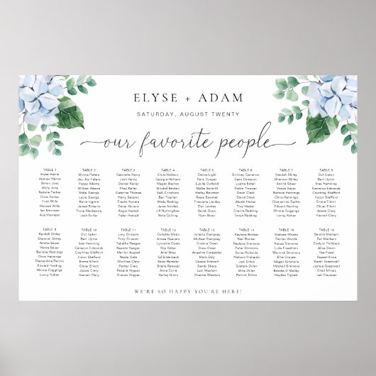 Blue Hydrangea 16 Tabelle Seating Chart Poster (Vorne)