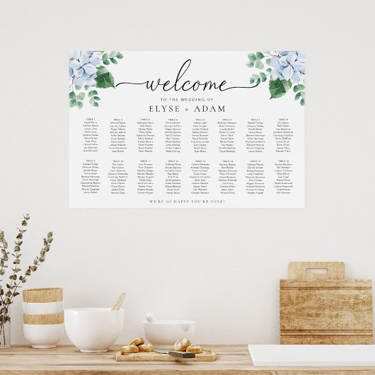 Blue Hydrangea 16 Tabelle Seating Chart Poster (Küche)