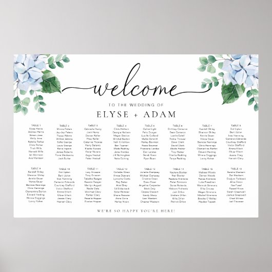 Blue Hydrangea 16 Tabelle Seating Chart Poster (Vorne)