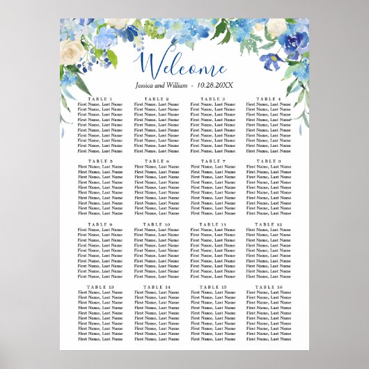 Blue Hydrangea 16 Tische Hochzeitszettel Poster (Vorne)