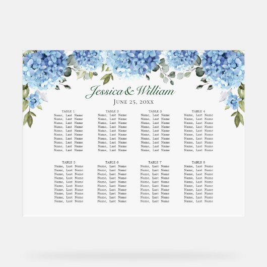 Blue Hydrangea 8 Tables SITZENDE CHART Akryllische Acrylschild (Vorderseite)