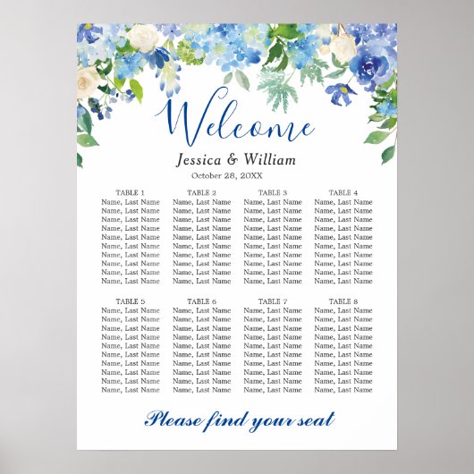 Blue Hydrangea 8 Tische Hochzeitszettel Poster (Vorne)