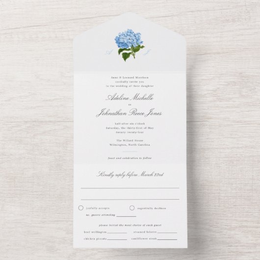 Blue Hydrangea All in One Wedding Einladung (Innen Boden)