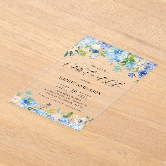 Blue Hydrangea and Ivory Rose Celebration of Life Acryleinladungen (Ablage )