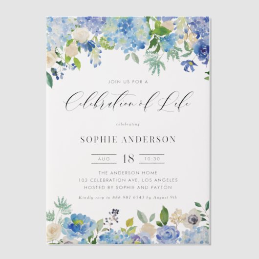 Blue Hydrangea and Ivory Rose Celebration of Life Pergament Einladungen (Vorderseite)