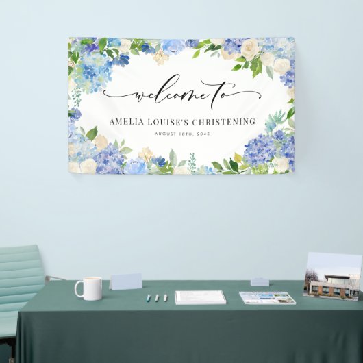 Blue Hydrangea and Ivory Rose Christening Banner (Messeveranstaltung)