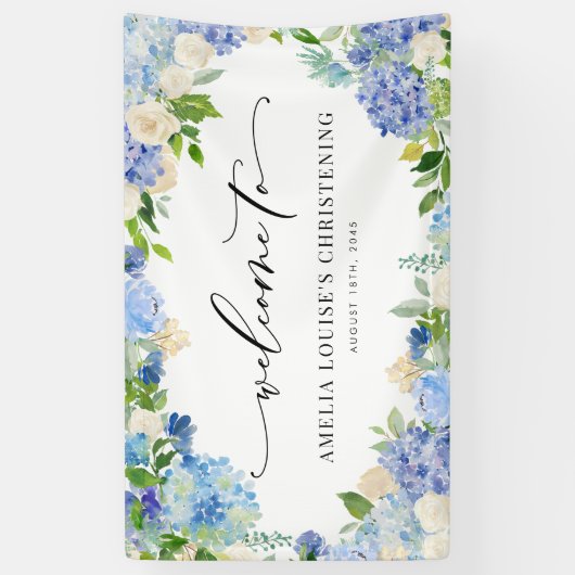 Blue Hydrangea and Ivory Rose Christening Banner (Vertikal)