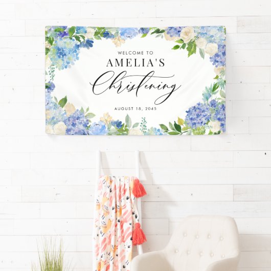 Blue Hydrangea and Ivory Rose Christening Banner (Insitu)