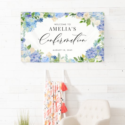 Blue Hydrangea and Ivory Rose Confirmation Banner (Insitu)