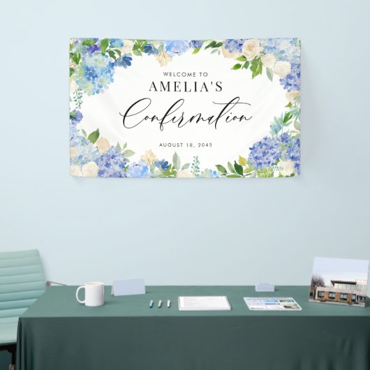 Blue Hydrangea and Ivory Rose Confirmation Banner (Messeveranstaltung)