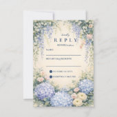 Blue Hydrangea And Ivory Rose Wedding RSVP Karte (Vorderseite)