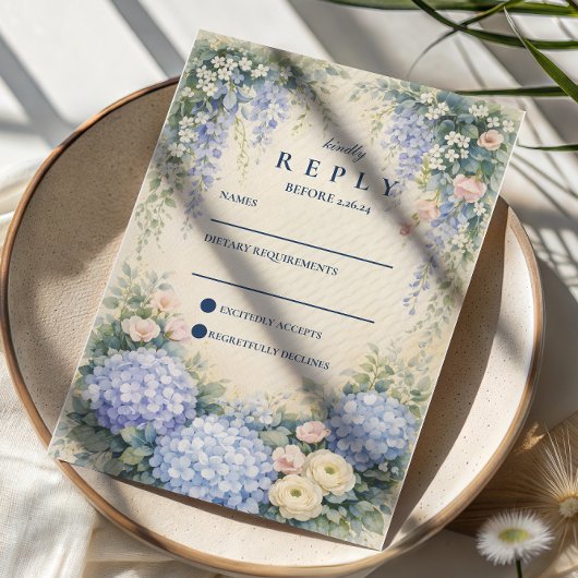 Blue Hydrangea And Ivory Rose Wedding RSVP Karte