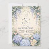 Blue Hydrangea And Ivory Rose Wedding Save The Date (Vorderseite)