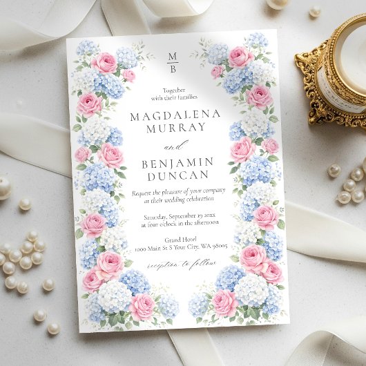 Blue Hydrangea and Pink Rose Floral Garden Wedding Einladung