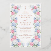 Blue Hydrangea and Pink Rose Floral Garden Wedding Folieneinladung (Vorderseite)