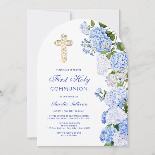 Blue Hydrangea Arch erste Kommune Einladung (Vorderseite)
