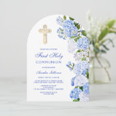 Blue Hydrangea Arch erste Kommune Einladung (Stehend Vorderseite)