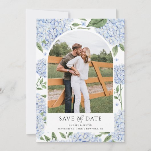 Blue Hydrangea Arched Foto Save the Date Einladung (Vorderseite)