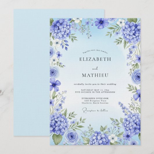 Blue Hydrangea Artistic Bloom Wedding Einladung (Vorne/Hinten)