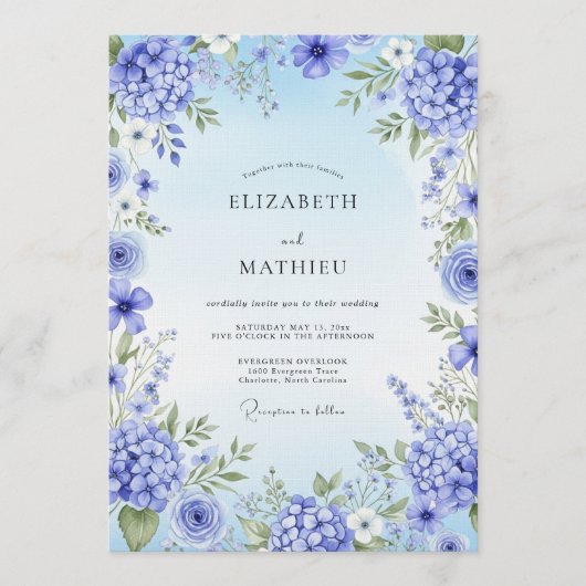 Blue Hydrangea Artistic Bloom Wedding Einladung (Vorderseite)