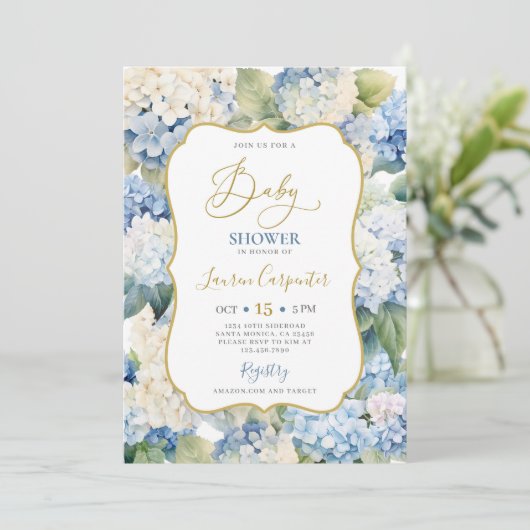 Blue Hydrangea Baby Dusche Einladung (Stehend Vorderseite)