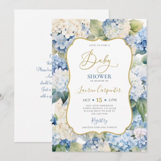Blue Hydrangea Baby Dusche Einladung (Vorne/Hinten)
