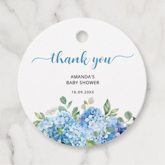 Blue Hydrangea Baby Dusche Vielen Dank Geschenkanhänger (Vorderseite)