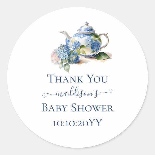Blue Hydrangea Baby Shower Tee Party Vielen Dank Runder Aufkleber (Vorderseite)