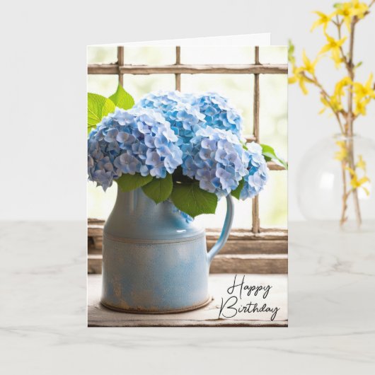 Blue Hydrangea Birthday Bouquet in Window Karte (Gelbe Blume)