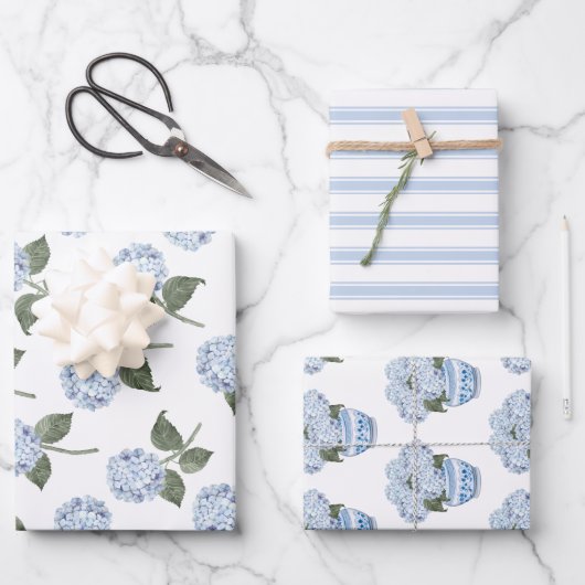 Blue Hydrangea Bloom Floral Set Geschenkpapier Set (Vorderseite)
