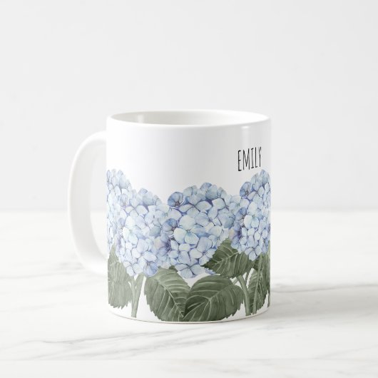 Blue Hydrangea Bloom Hamptons Keramik Kaffeetasse (Vorderseite Links)