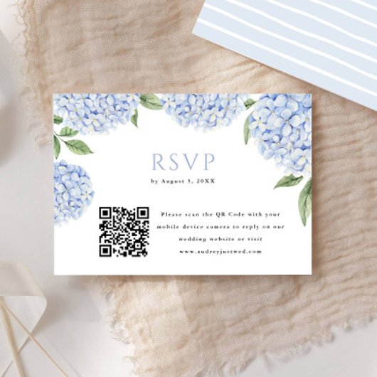 Blue Hydrangea Bloom QR Blockdruckantwort RSVP Karte