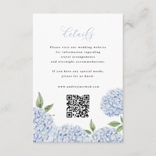 Blue Hydrangea Bloom Script Details QR Code Klein Begleitkarte (Vorderseite)