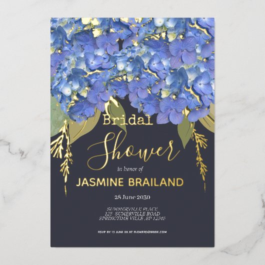 Blue Hydrangea Blooms Personalisiertes Brautparty Folieneinladung (Vorderseite)