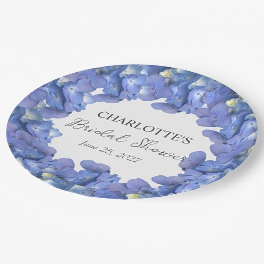 Blue Hydrangea Blooms Personalisiertes Brautparty Pappteller (Schrägansicht)