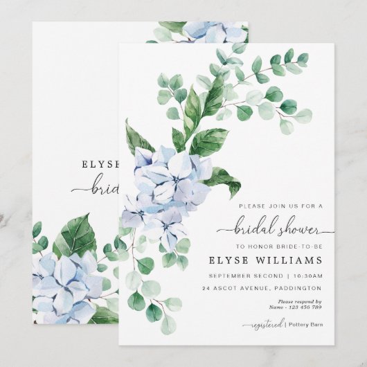 Blue Hydrangea Bloral Bridal Dusche Einladung (Vorne/Hinten)