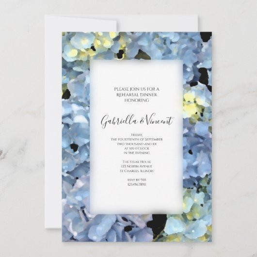 Blue Hydrangea Blossom Hochzeitsessen Probe Einladung (Vorderseite)