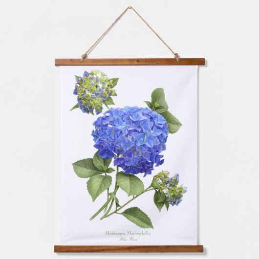 Blue Hydrangea "Blue Wave" Botanische Blumenkunst Wandteppich Mit Holzrahmen (Vorderseite)