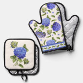 Blue Hydrangea Blume Botanische Kunst Ofenhandschuh & Topflappen-Set (Vorderseite/Rückseite)