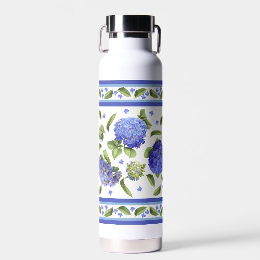 Blue Hydrangea Blume Botanische Kunstgestaltung Trinkflasche (Vorne)