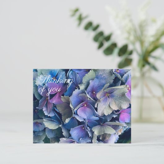 Blue Hydrangea Blume Denken Sie an Sie Postkarte (Stehend Vorderseite)