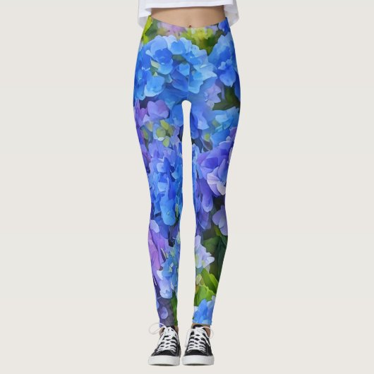 Blue Hydrangea Blume Floralkunst Leggings (Vorderseite)