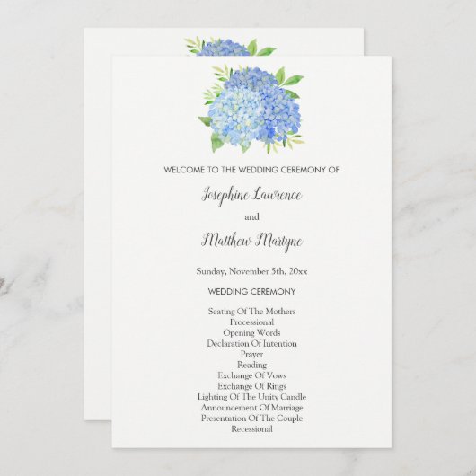 Blue Hydrangea Blume Foliage Wedding Programm (Vorne/Hinten)