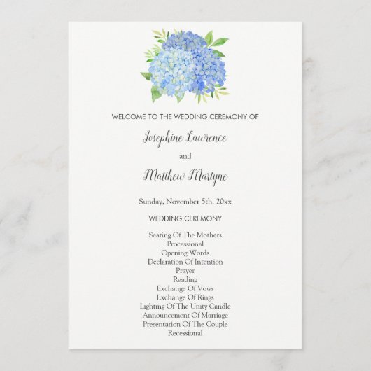 Blue Hydrangea Blume Foliage Wedding Programm (Vorderseite)