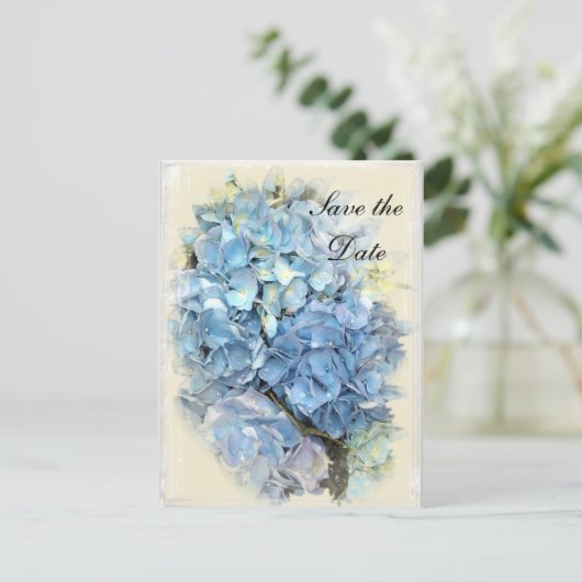 Blue Hydrangea-Blume Hochzeit Sichern Sie das Datu Ankündigungspostkarte (Stehend Vorderseite)