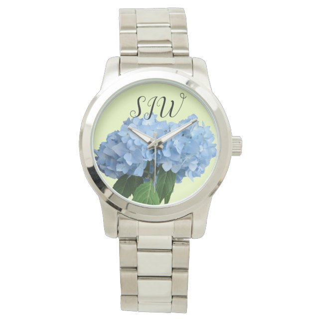 Blue Hydrangea Blume Mit Monogramm Frauen Armbanduhr (Vorderseite)